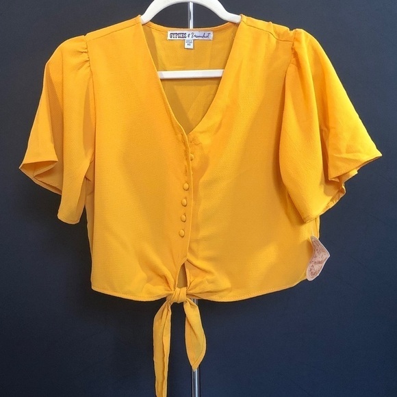 NEW Golden Button Down Crop Top w/ Button missing - Picture 1 of 1